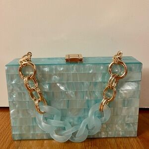 Light Blue Acrylic Clutch with blue and gold chain straps